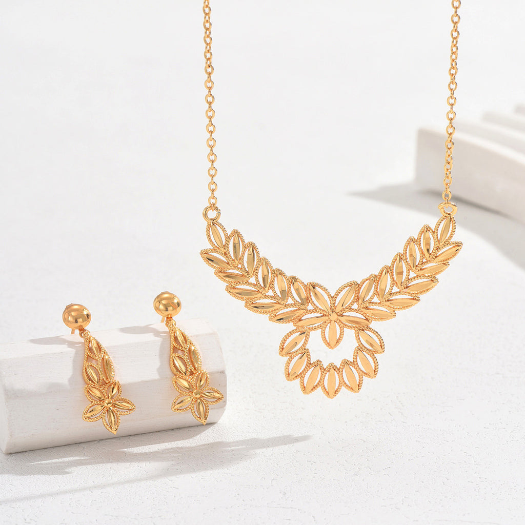 Floral Design Gold Plated Necklace and Earrings Set